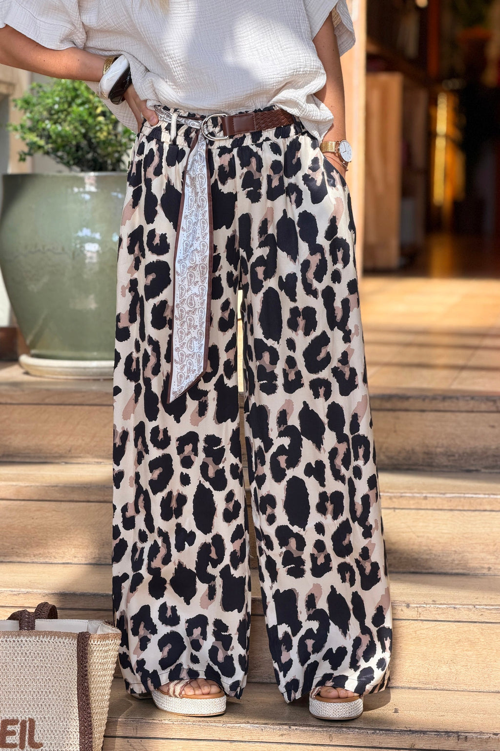 Leopard Print Pull-on Pants with Woven Sash Belt