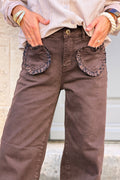 Pantalon jean marron wide leg poches plaquées cœur volant léopard