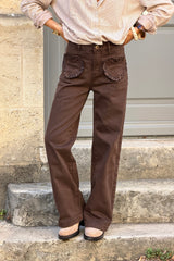 Pantalon jean marron wide leg poches plaquées cœur volant léopard