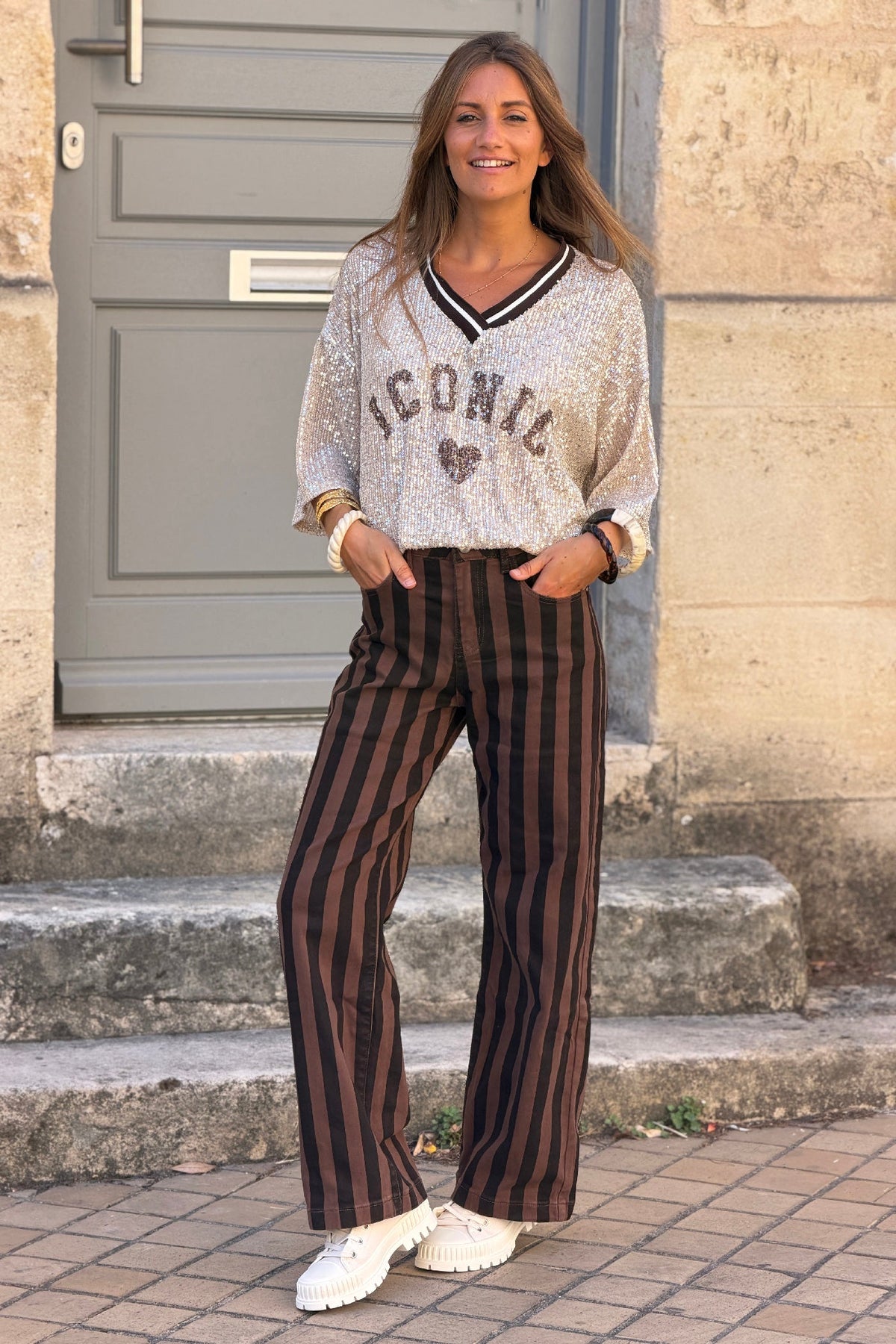 Pantalon jean rayures verticales chocolat et marron wide leg