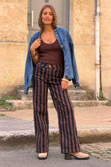 Pantalon jean rayures verticales marron et bleu marine wide leg