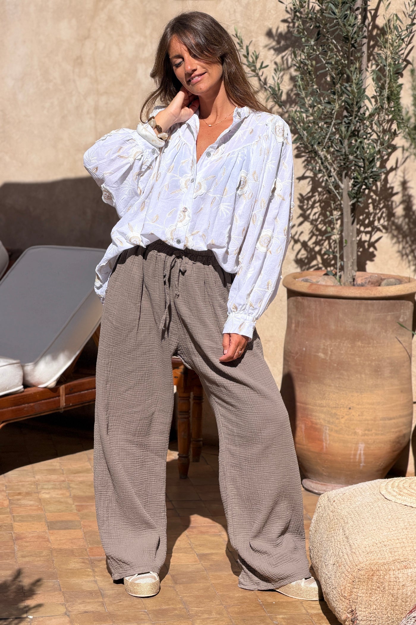 Brown Crinkle Gauze Pull-On Pant