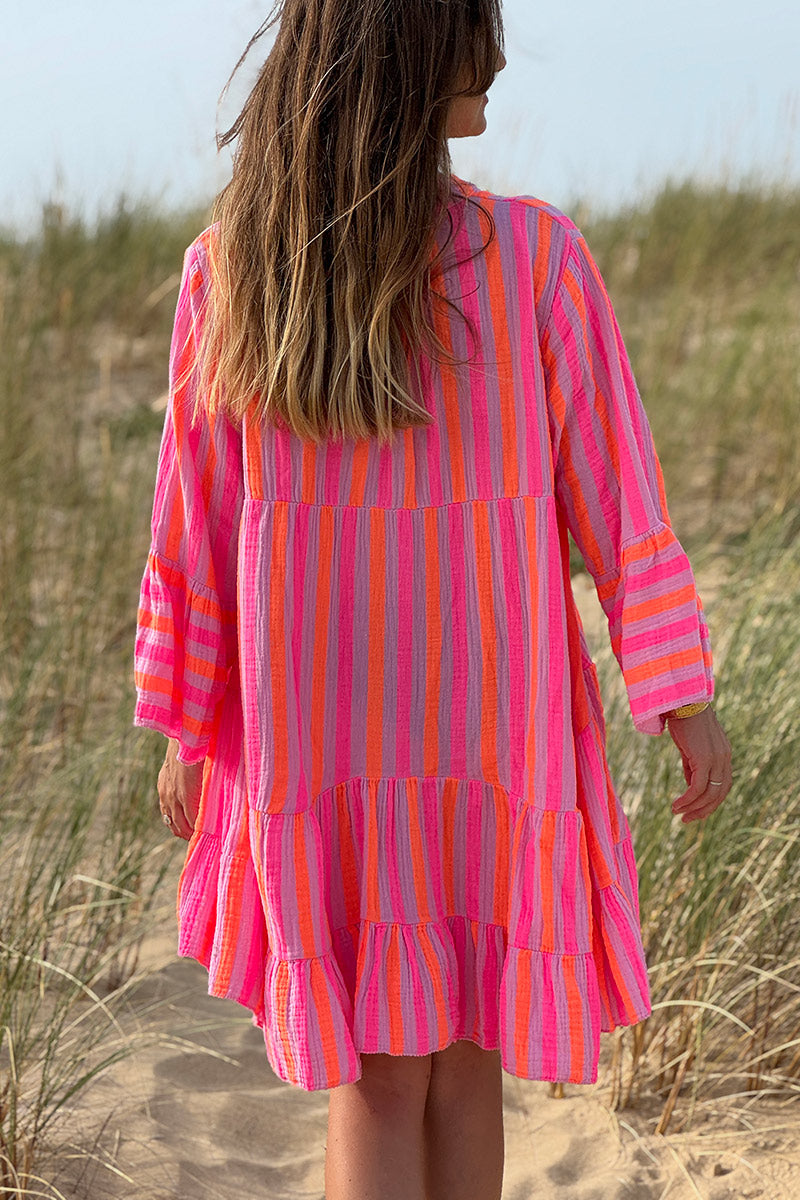 Pink Neon Stripe Bell-Sleeve Cabana Dress