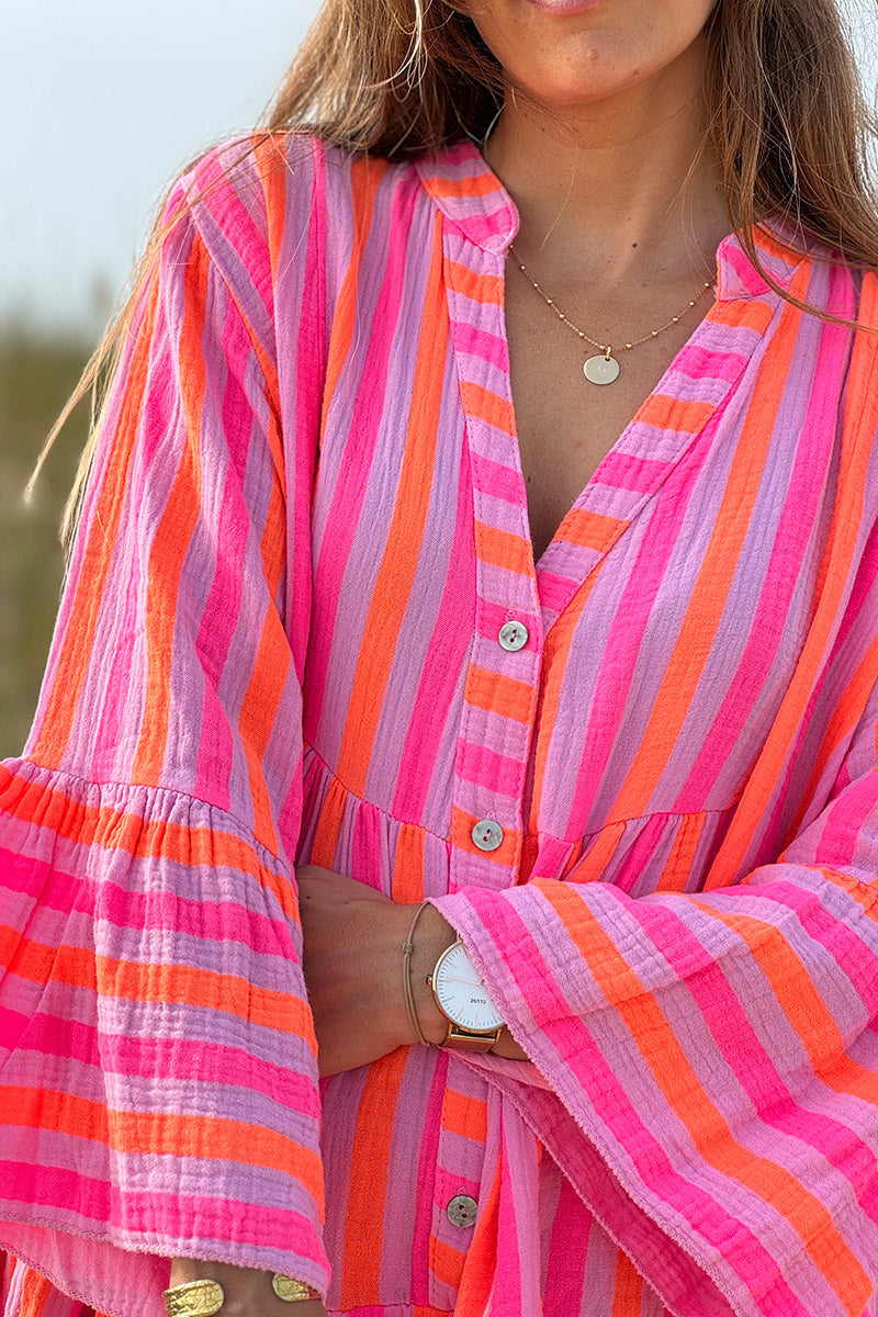 Pink Neon Stripe Bell-Sleeve Cabana Dress