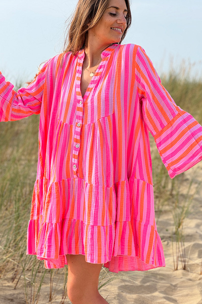 Pink Neon Stripe Bell-Sleeve Cabana Dress
