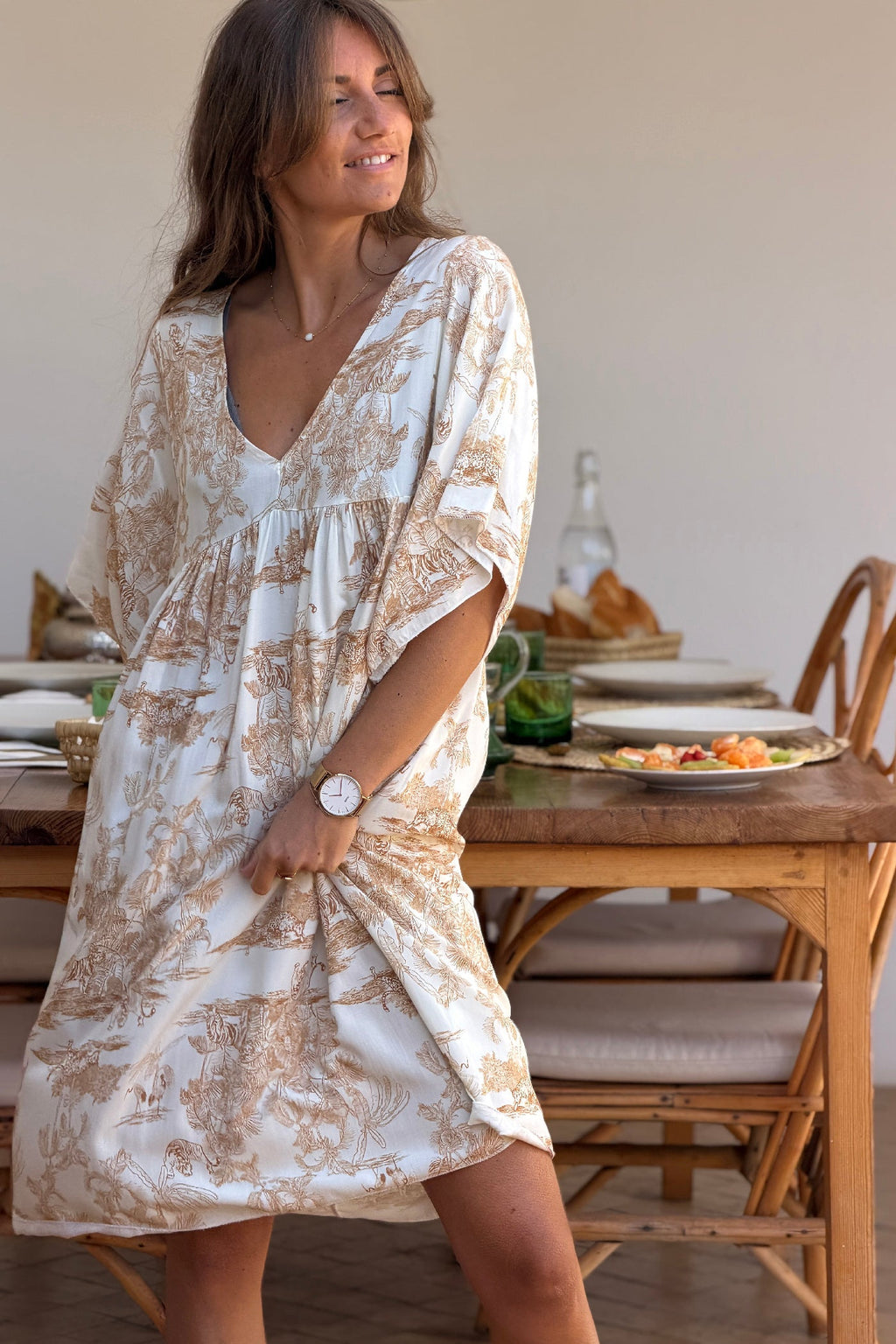 Cream and Beige Toile de Jouy Viscose Dress