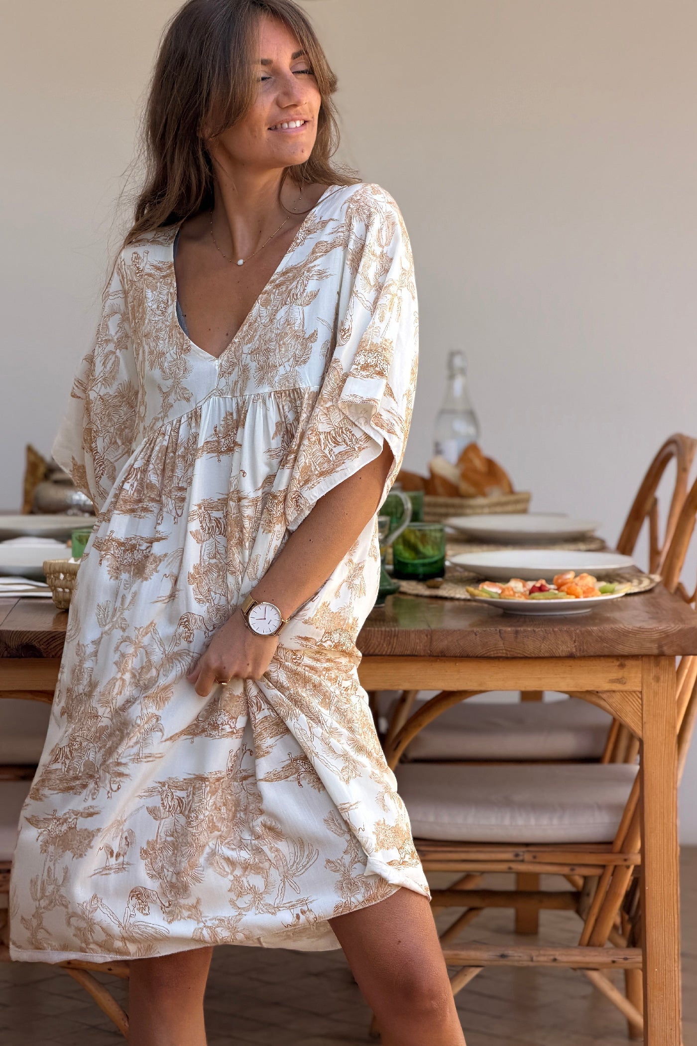 Cream and Beige Toile de Jouy Viscose Dress