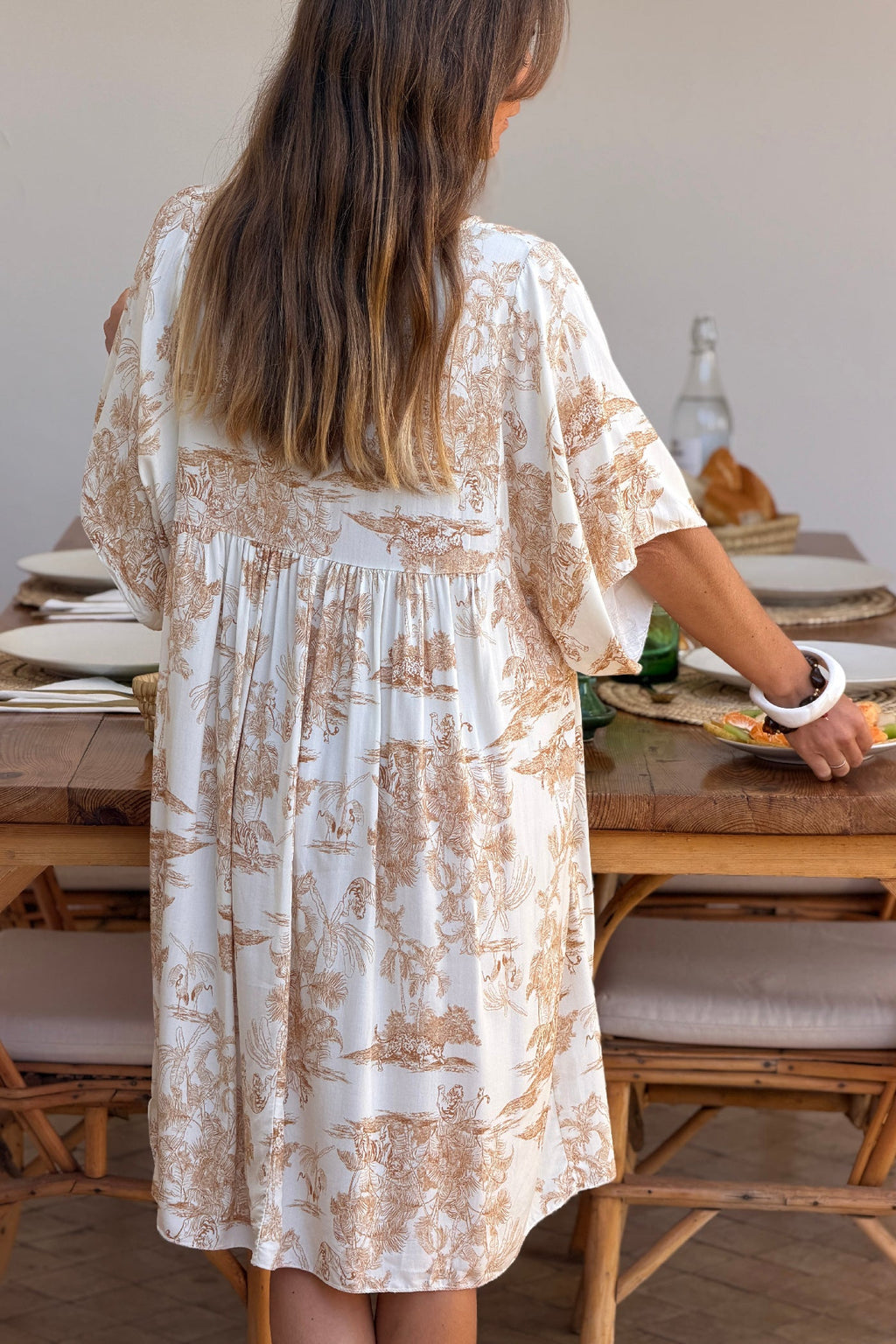 Cream and Beige Toile de Jouy Viscose Dress