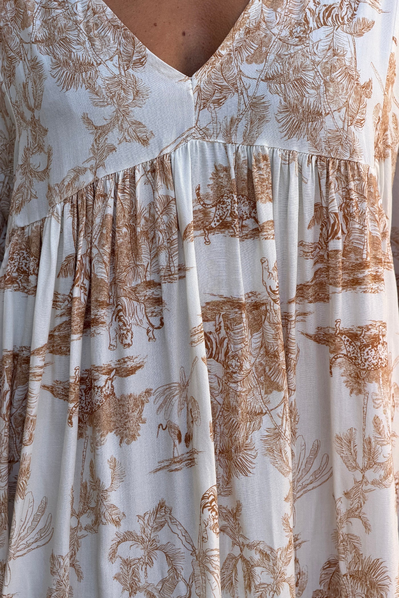 Cream and Beige Toile de Jouy Viscose Dress