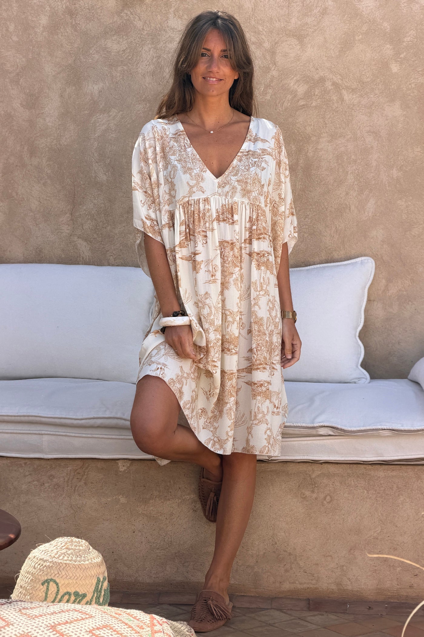 Cream and Beige Toile de Jouy Viscose Dress