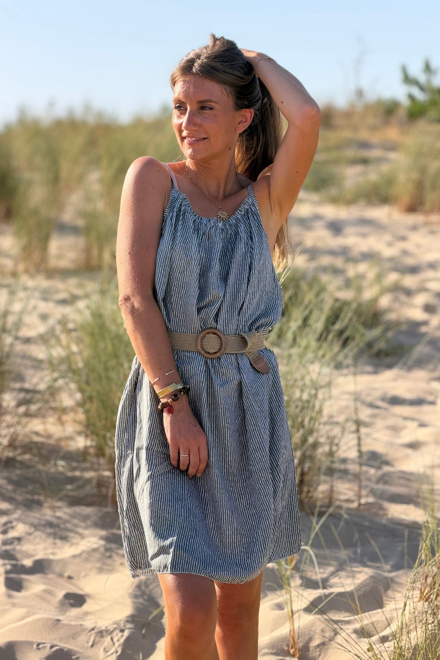 Olive Crinkle Stripe Strappy Sun Dress