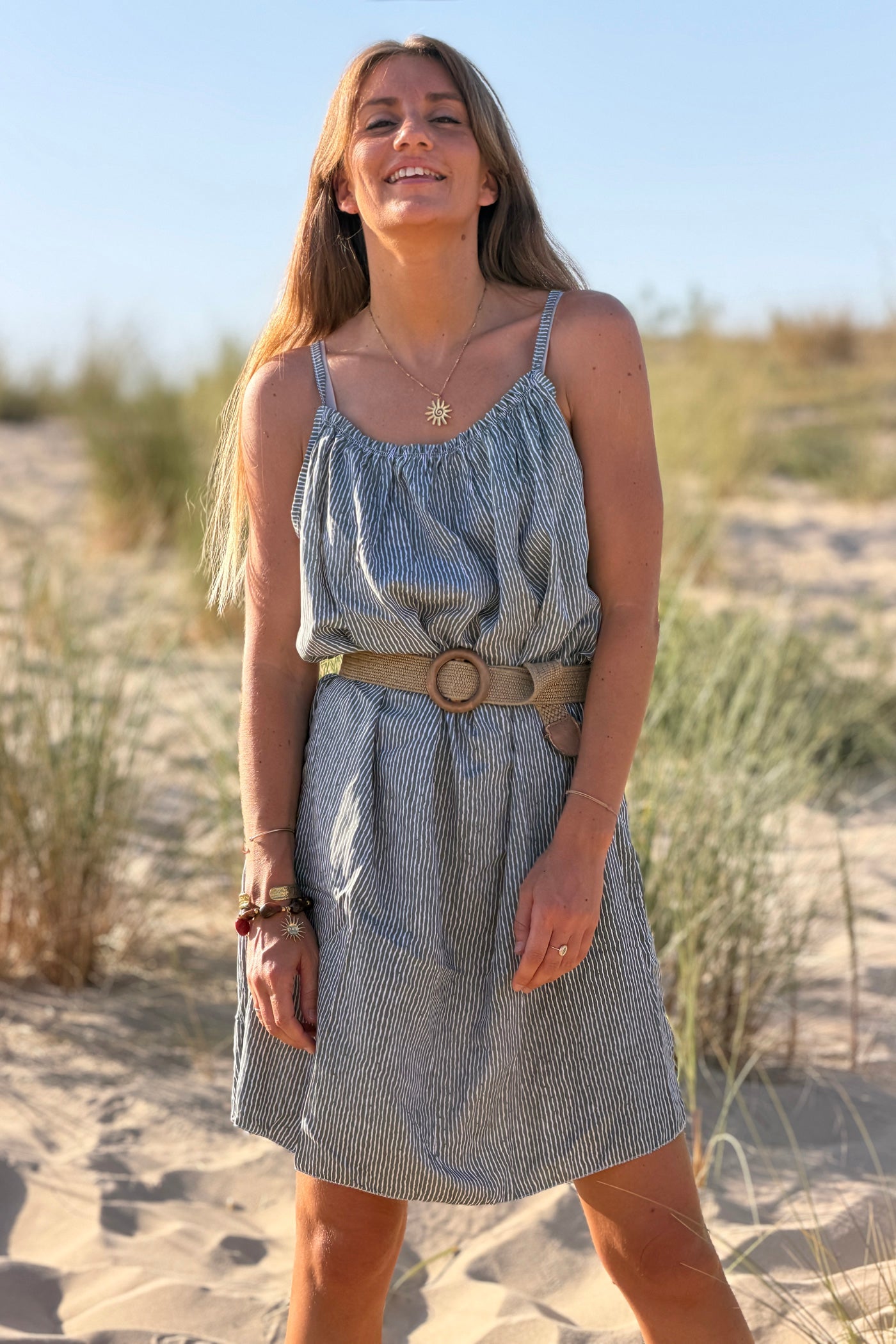 Olive Crinkle Stripe Strappy Sun Dress