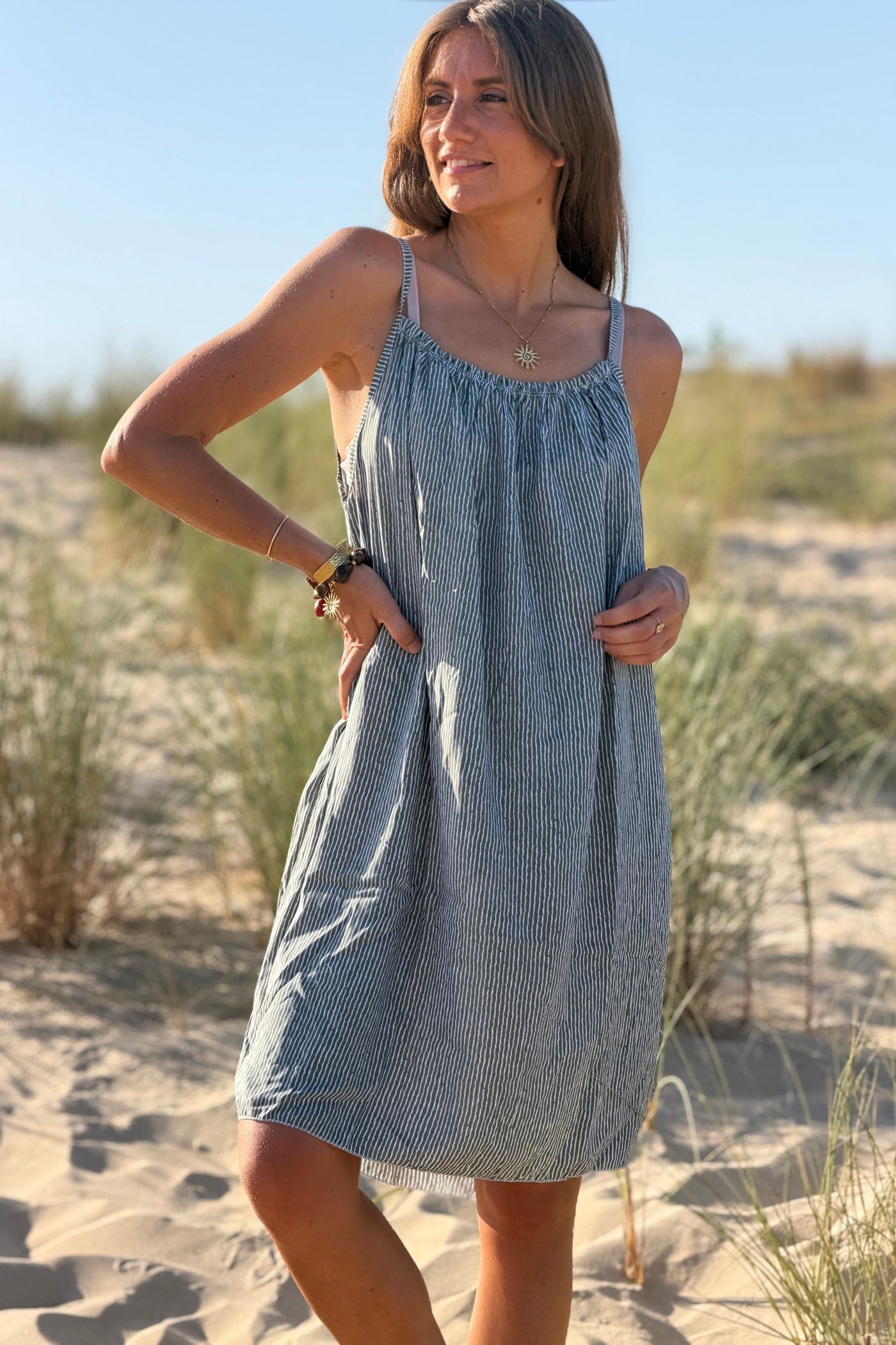 Olive Crinkle Stripe Strappy Sun Dress