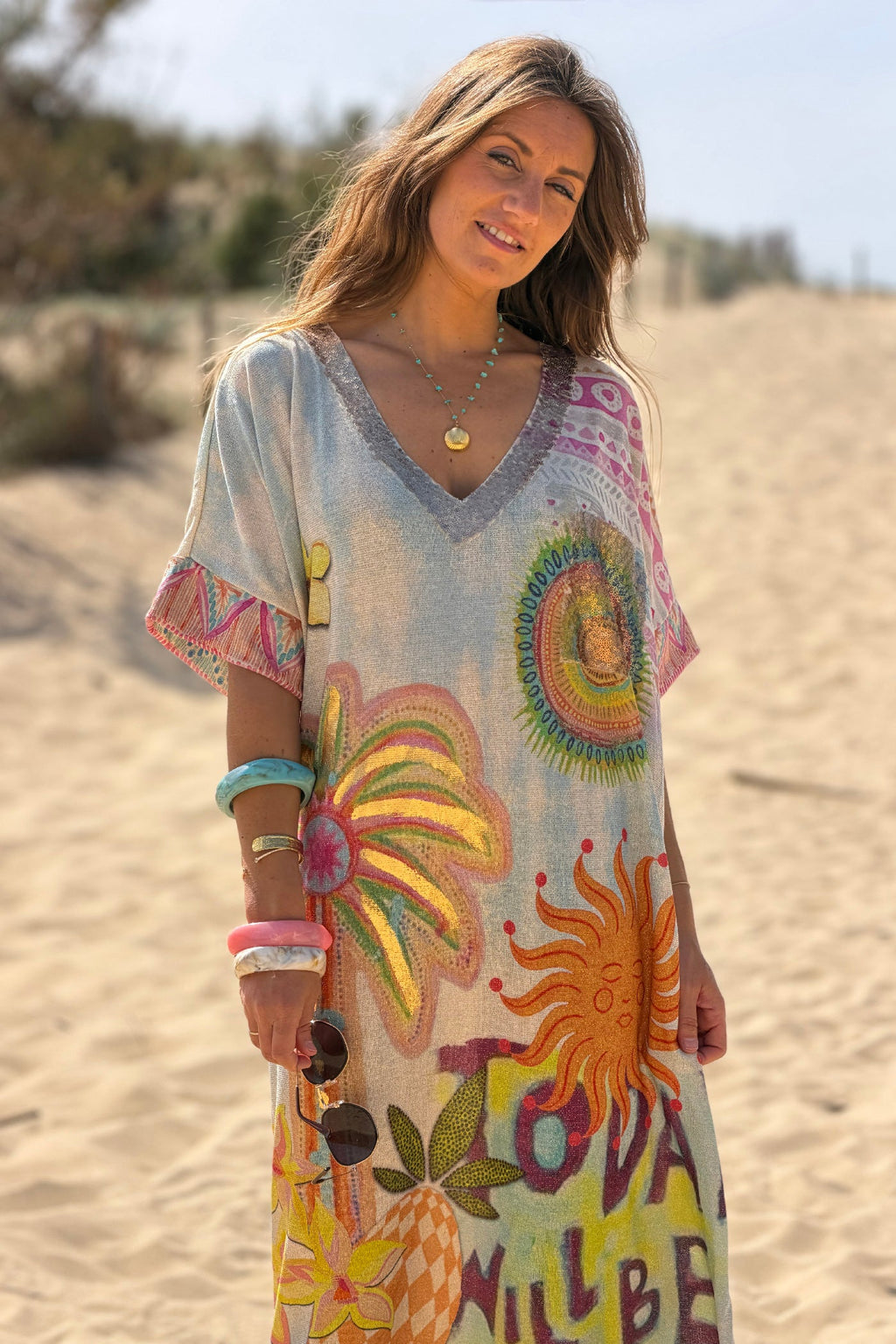 Cream “Today Will Be Great” Glitter Knit Caftan