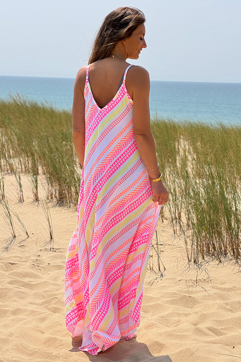 White Gauze Neon Stripe Sun Dress