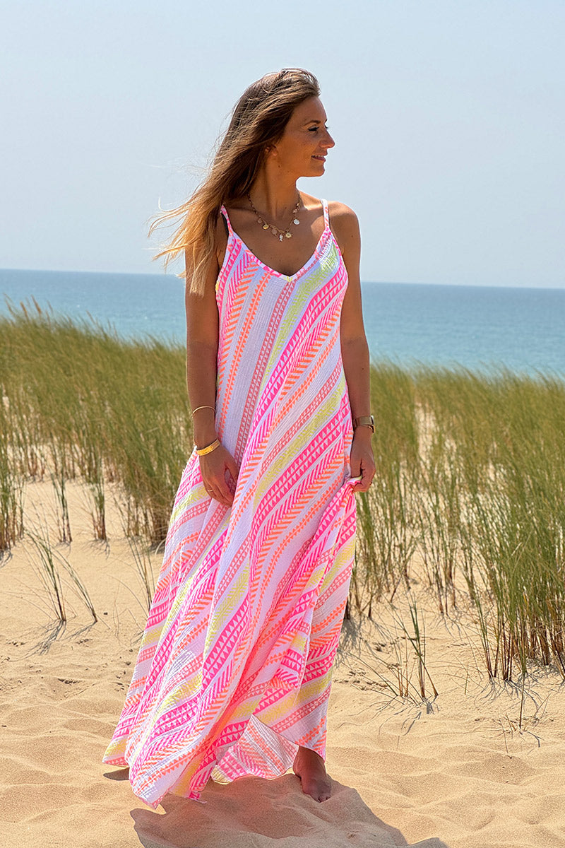 White Gauze Neon Stripe Sun Dress