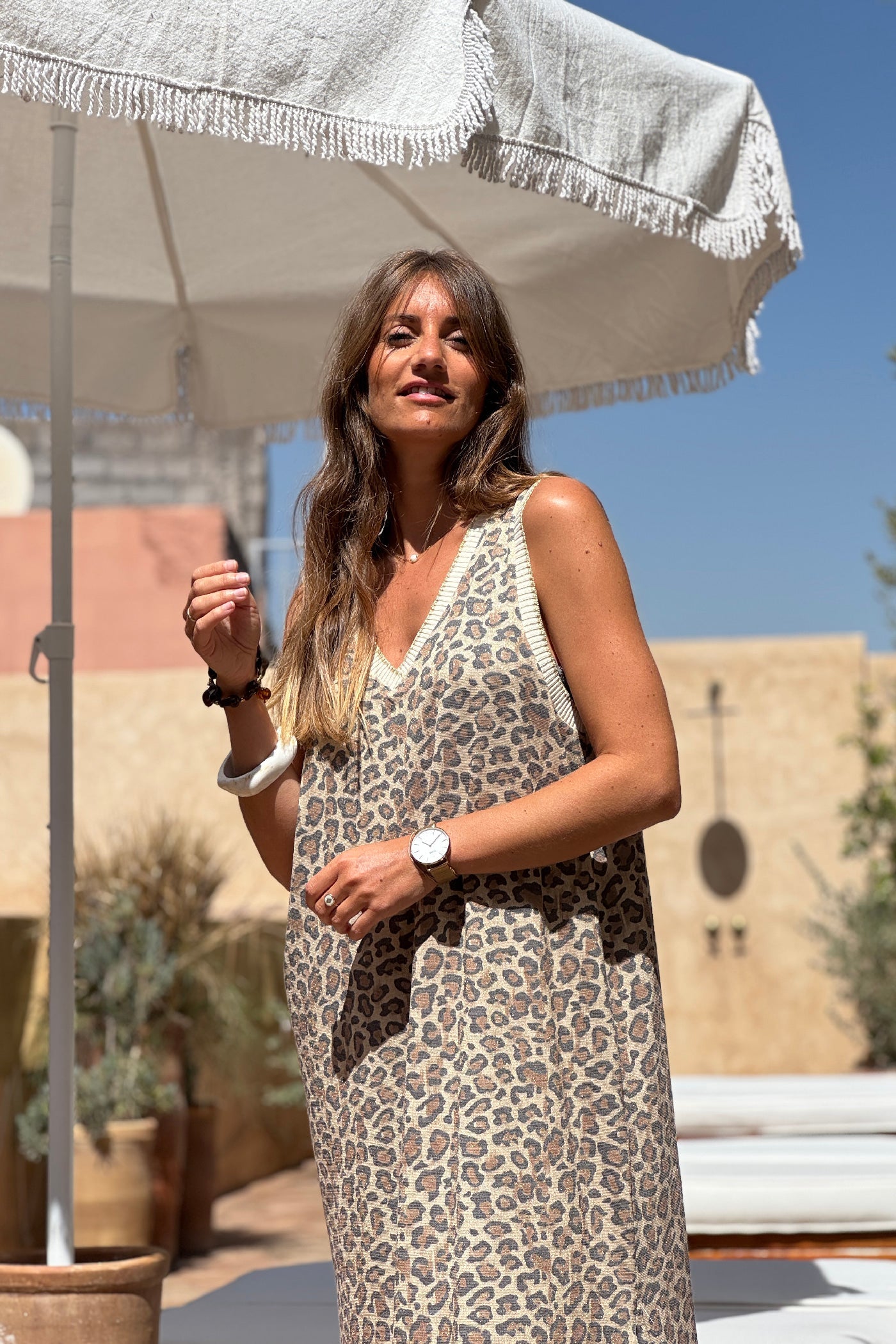 Leopard Print Sleeveless V-Neck Maxi Dress