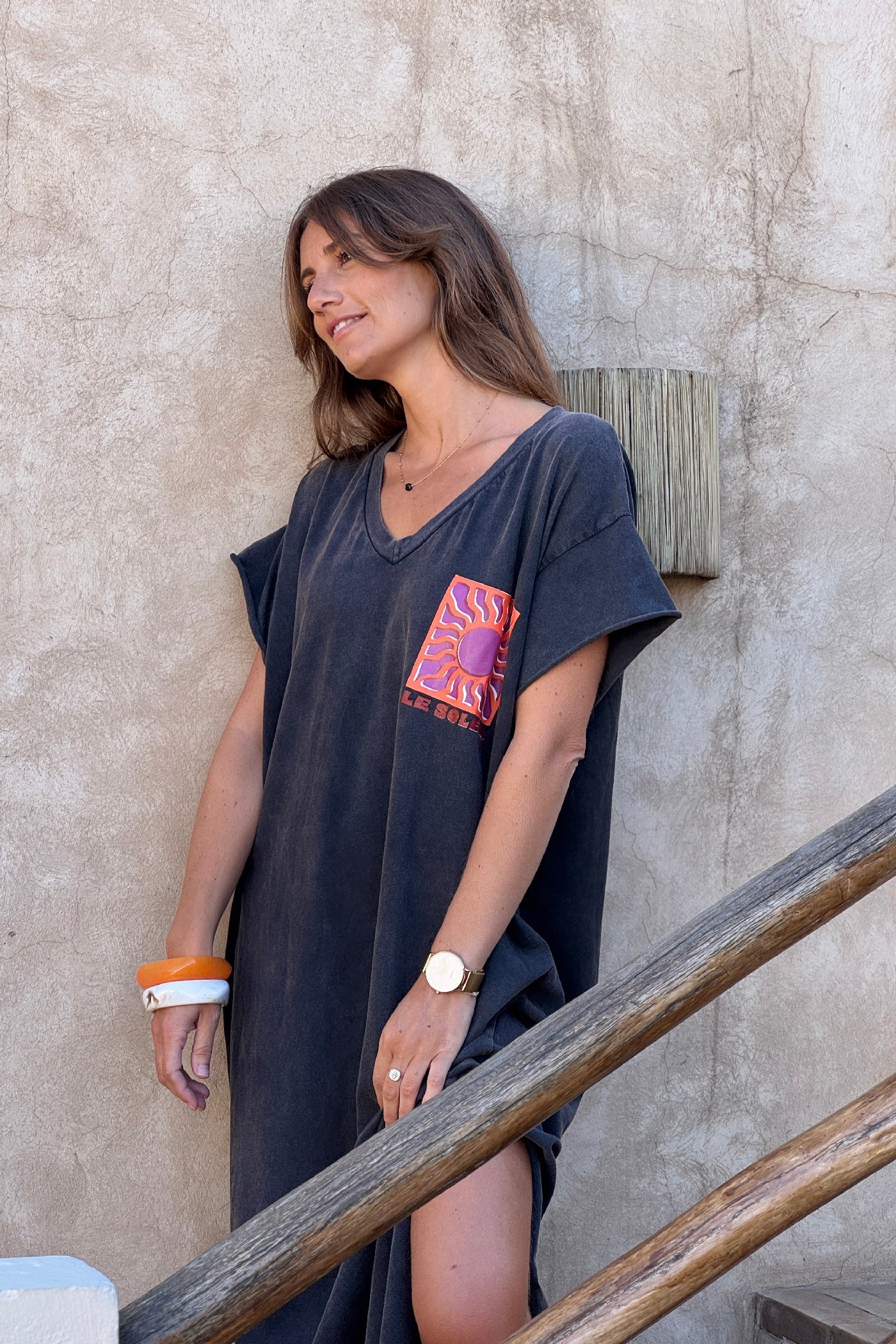 Gray Le Soleil V-Neck T-Shirt Dress