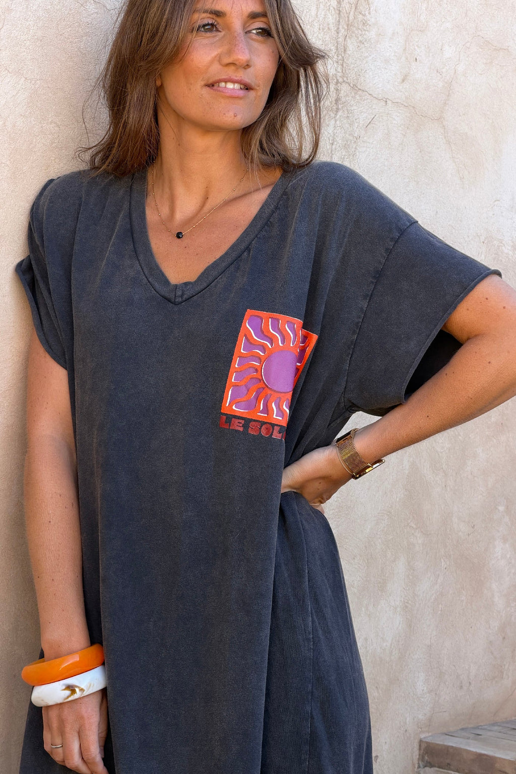 Gray Le Soleil V-Neck T-Shirt Dress