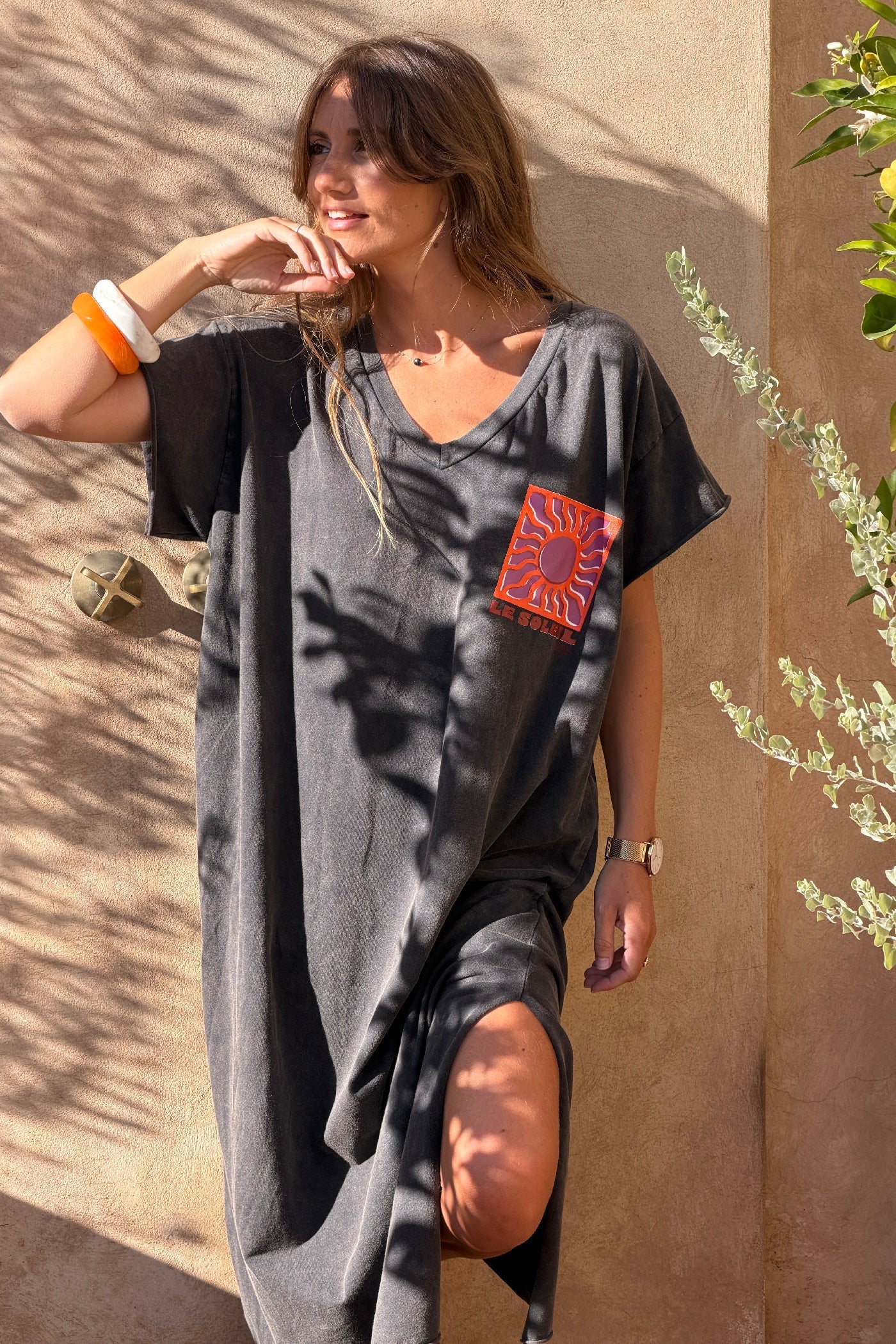 Gray Le Soleil V-Neck T-Shirt Dress