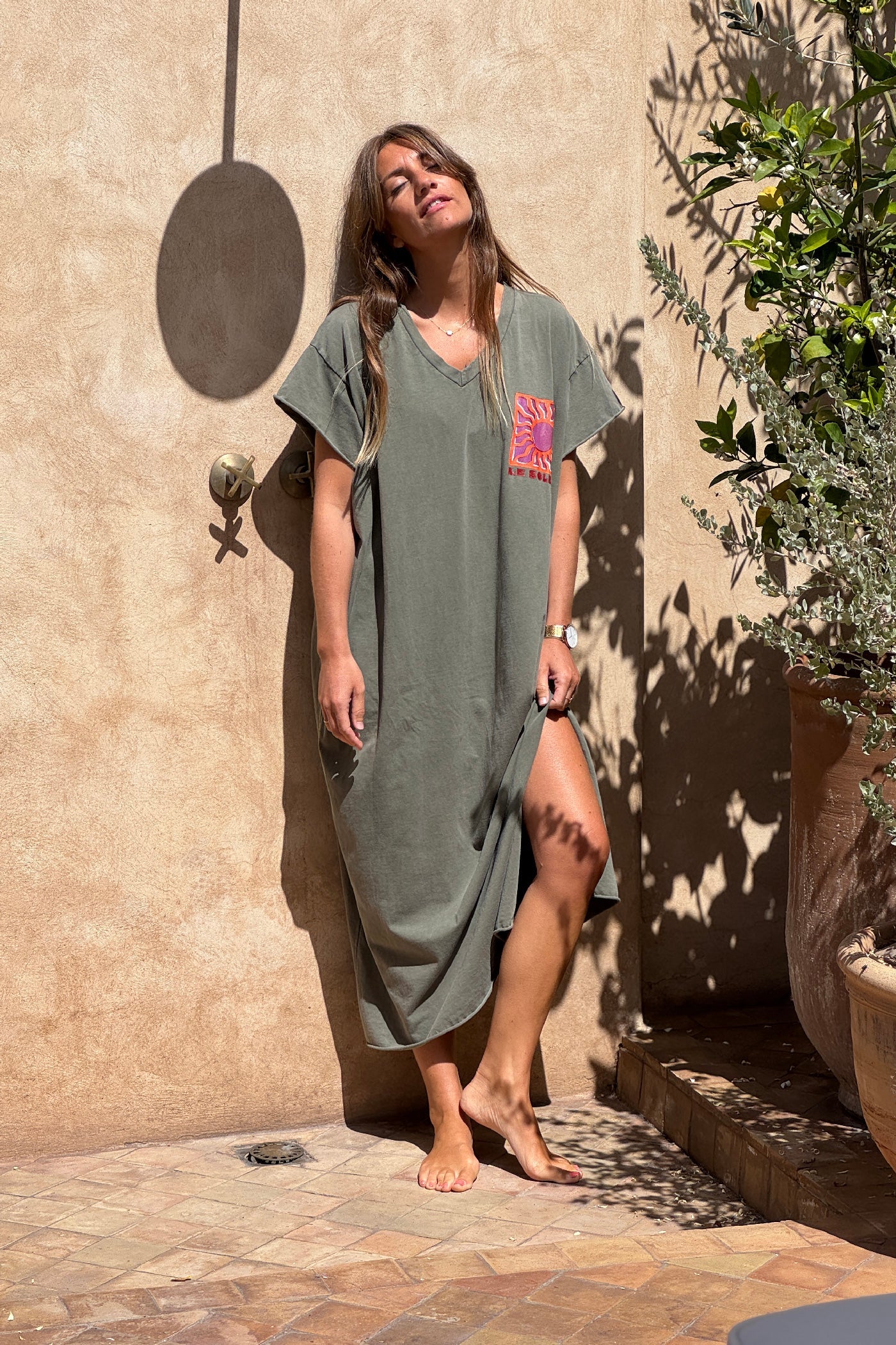 Olive Le Soleil V-Neck T-Shirt Dress