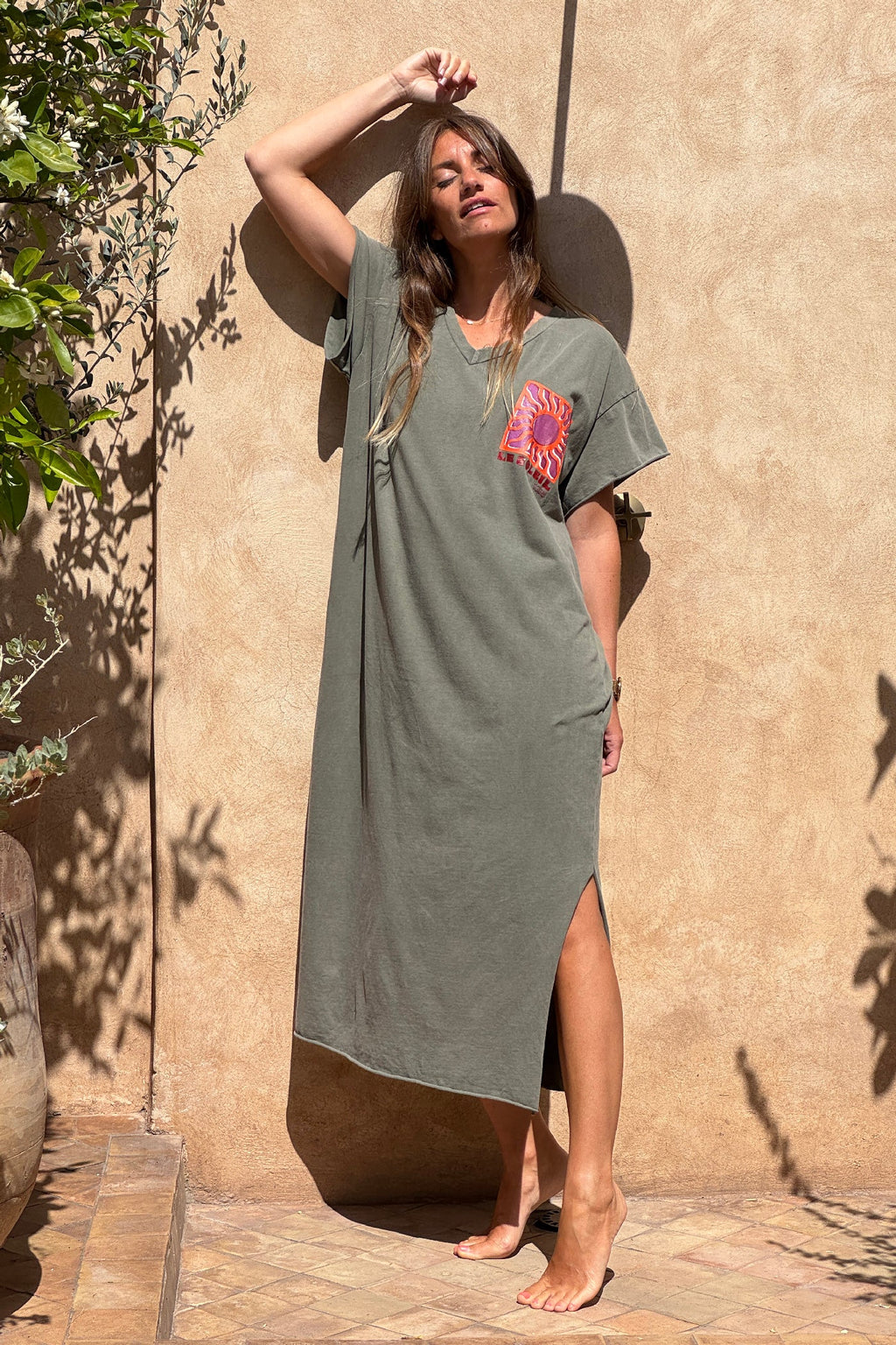 Olive Le Soleil V-Neck T-Shirt Dress