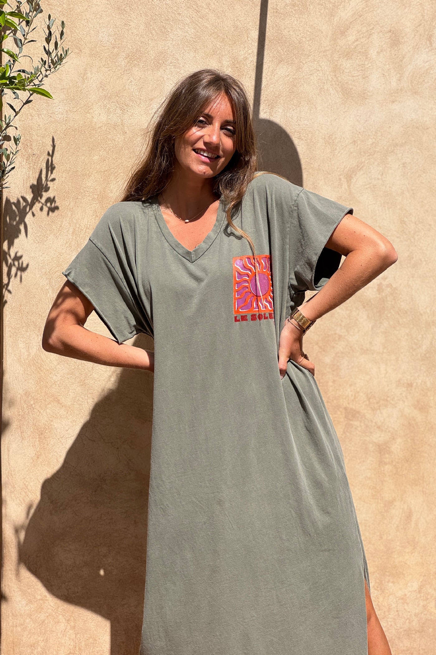 Olive Le Soleil V-Neck T-Shirt Dress