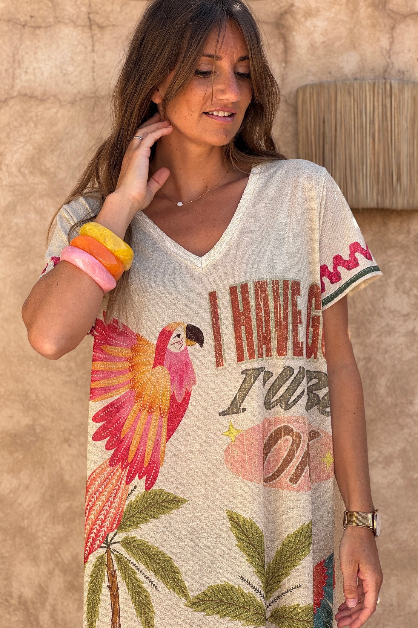 Olive Tropical Parrot Print Glitter Knit Caftan