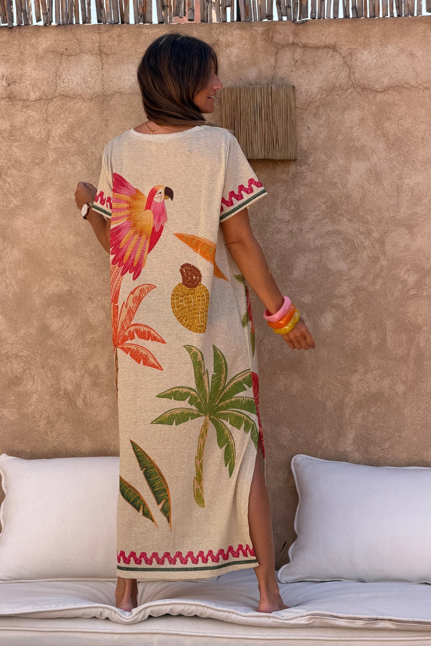 Olive Tropical Parrot Print Glitter Knit Caftan