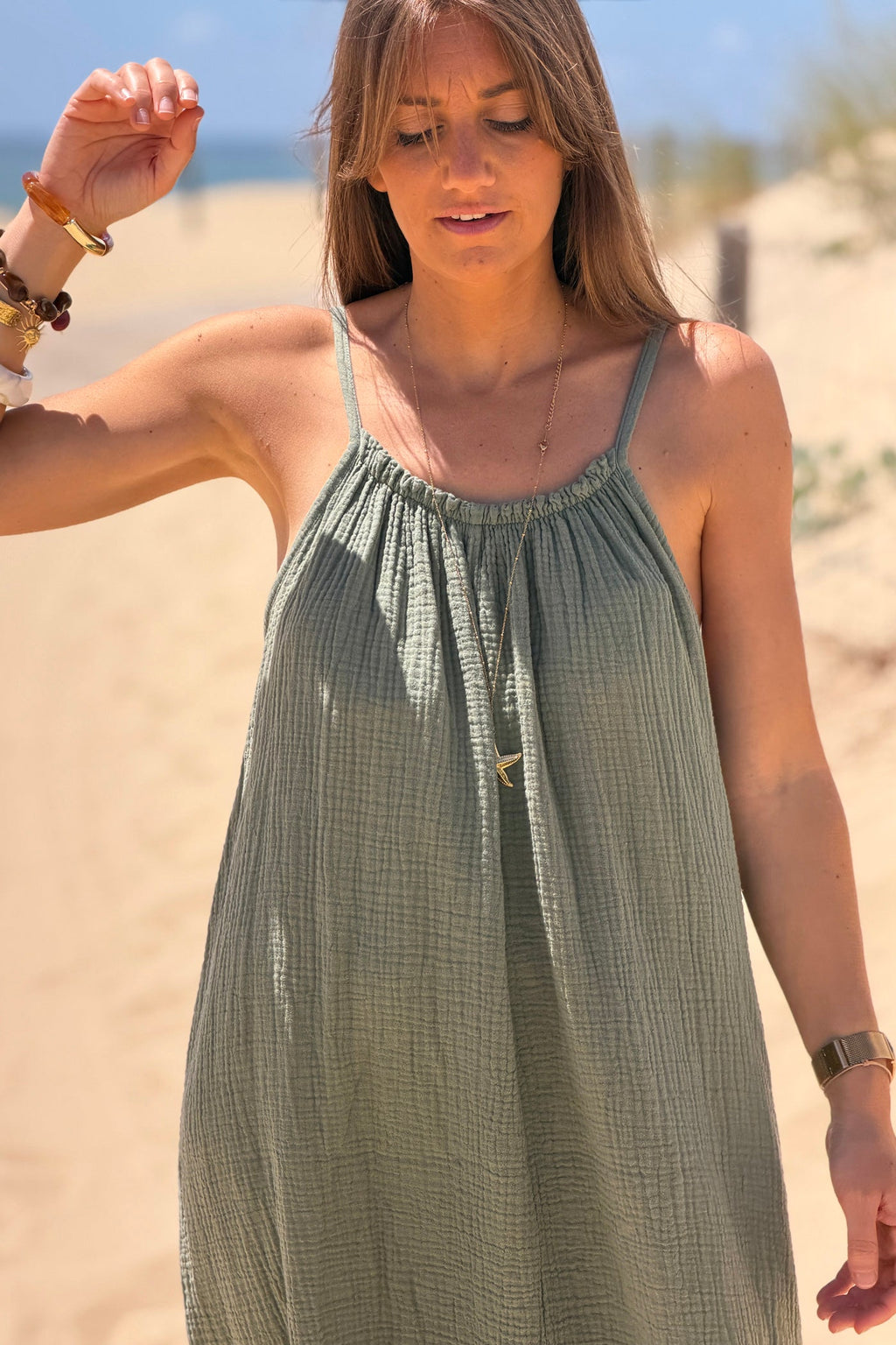 Olive Crinkle Gauze Maxi Dress