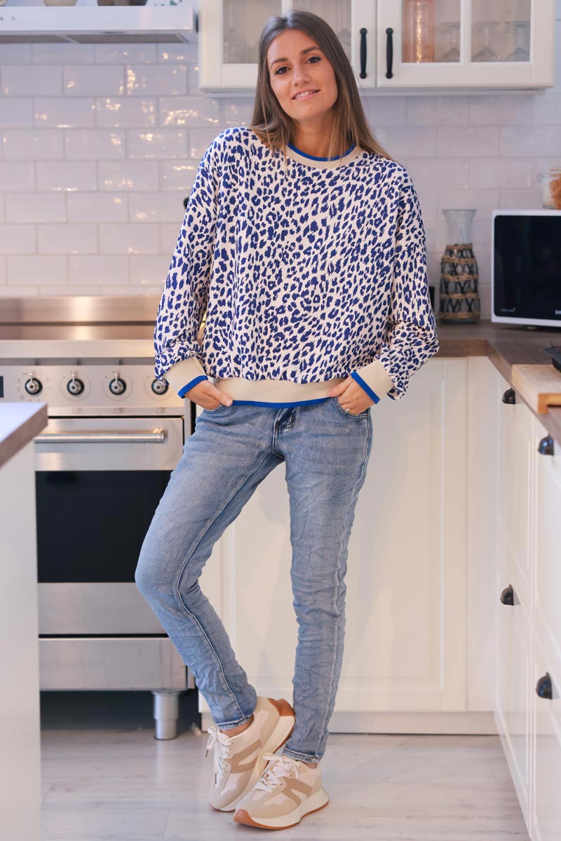 Cream and Royal Blue Leopard Print Jumper