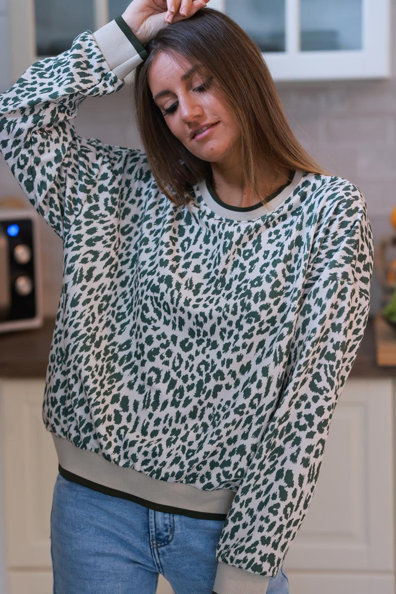 Cream and Olive Green Leopard Print Jumper