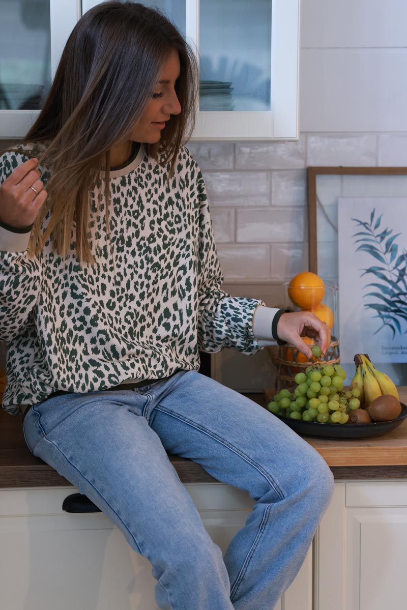 Cream and Olive Green Leopard Print Jumper