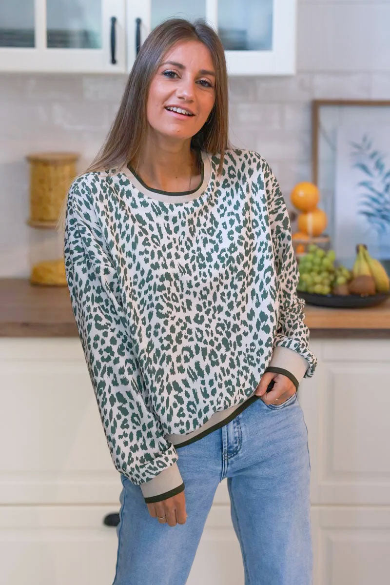 Cream and Olive Green Leopard Print Jumper
