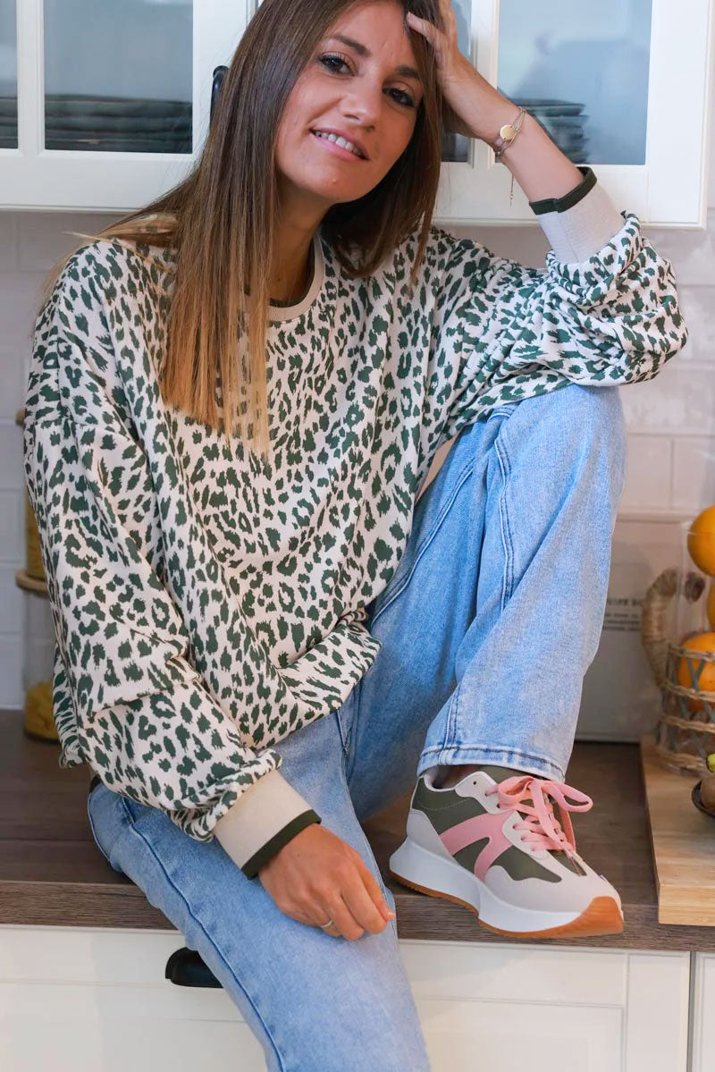 Cream and Olive Green Leopard Print Jumper