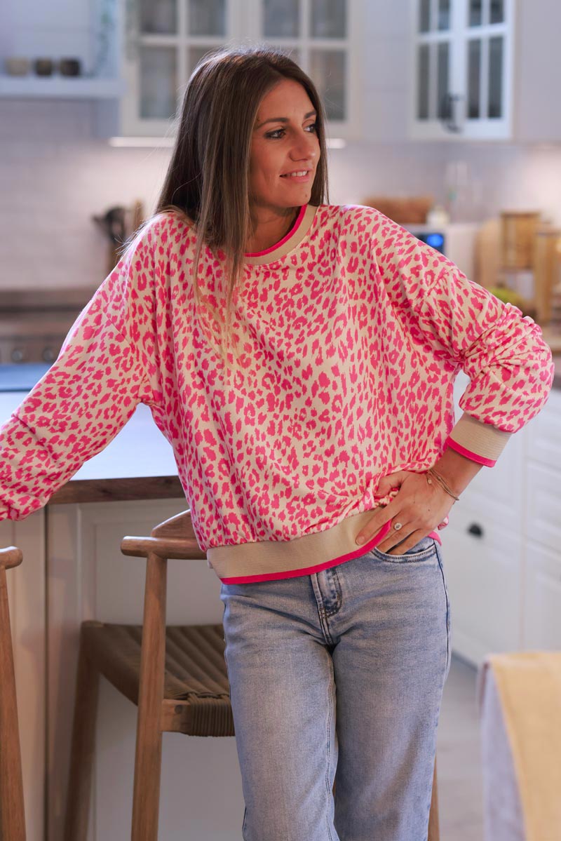 Cream and Fuchsia Leopard Print Jumper