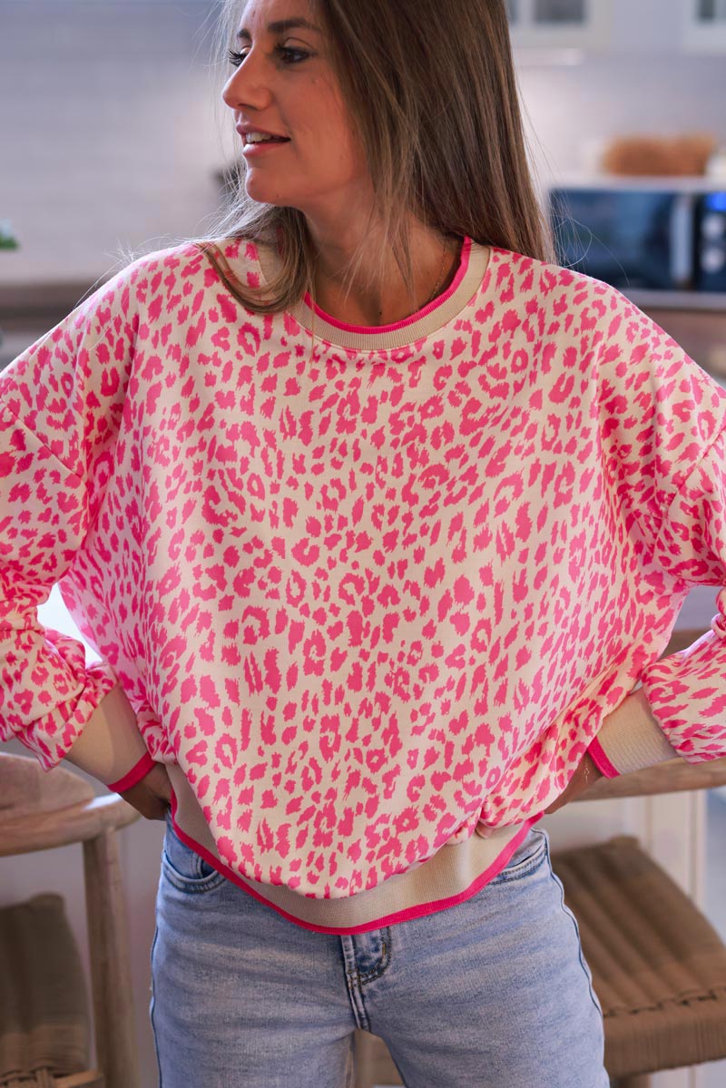 Cream and Fuchsia Leopard Print Jumper