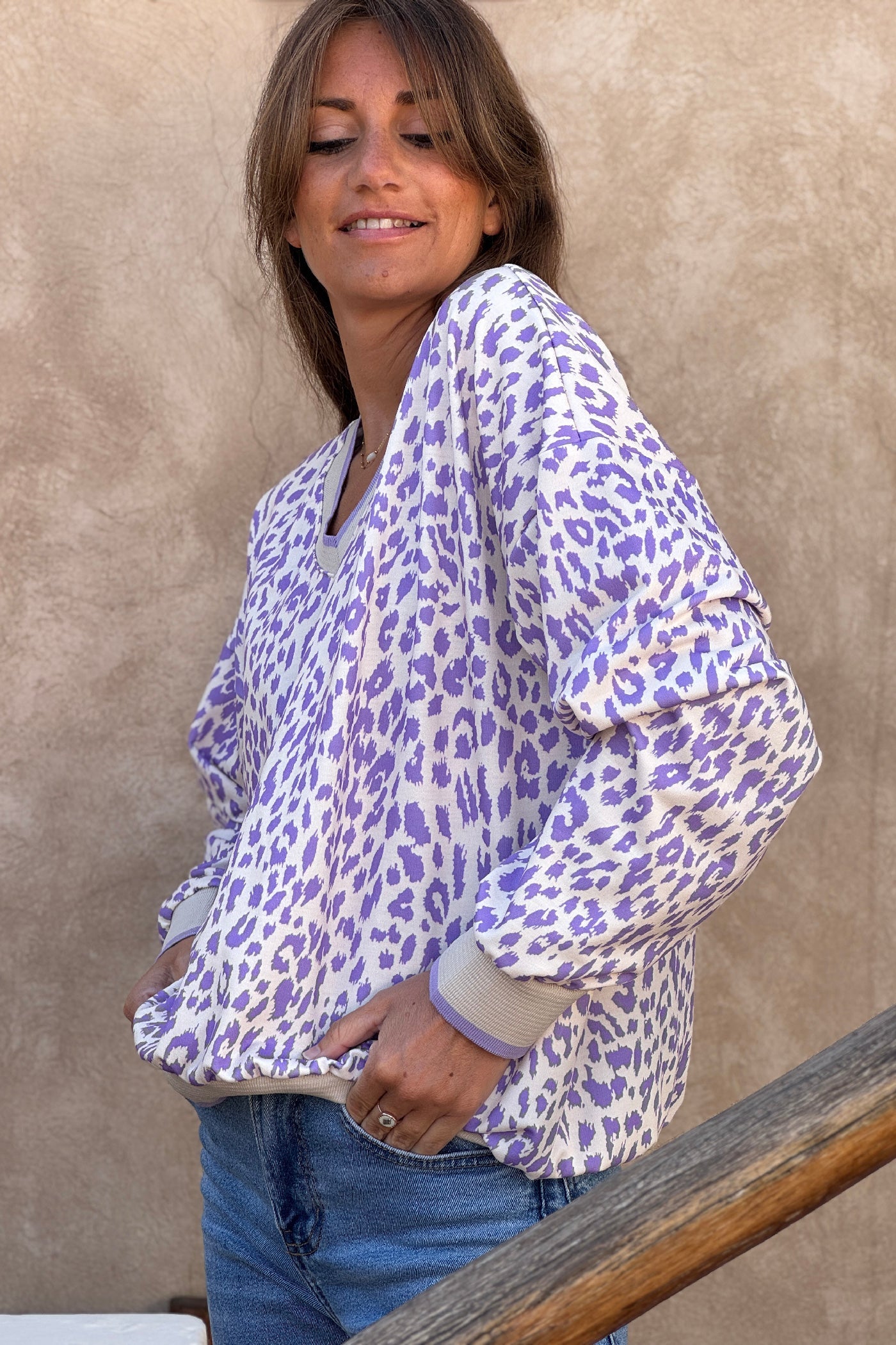 Cream and Purple Leopard Print Jumper