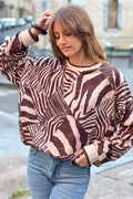 Brown Abstract Zebra Knit Jumper
