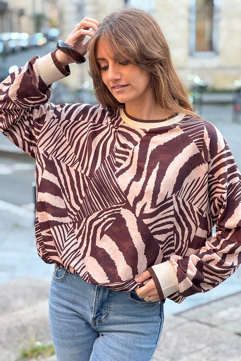 Brown Abstract Zebra Knit Jumper
