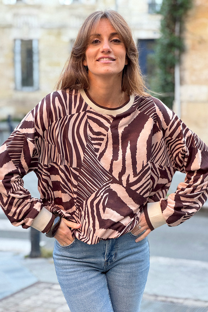 Brown Abstract Zebra Knit Jumper