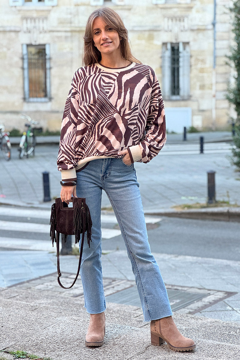 Brown Abstract Zebra Knit Jumper