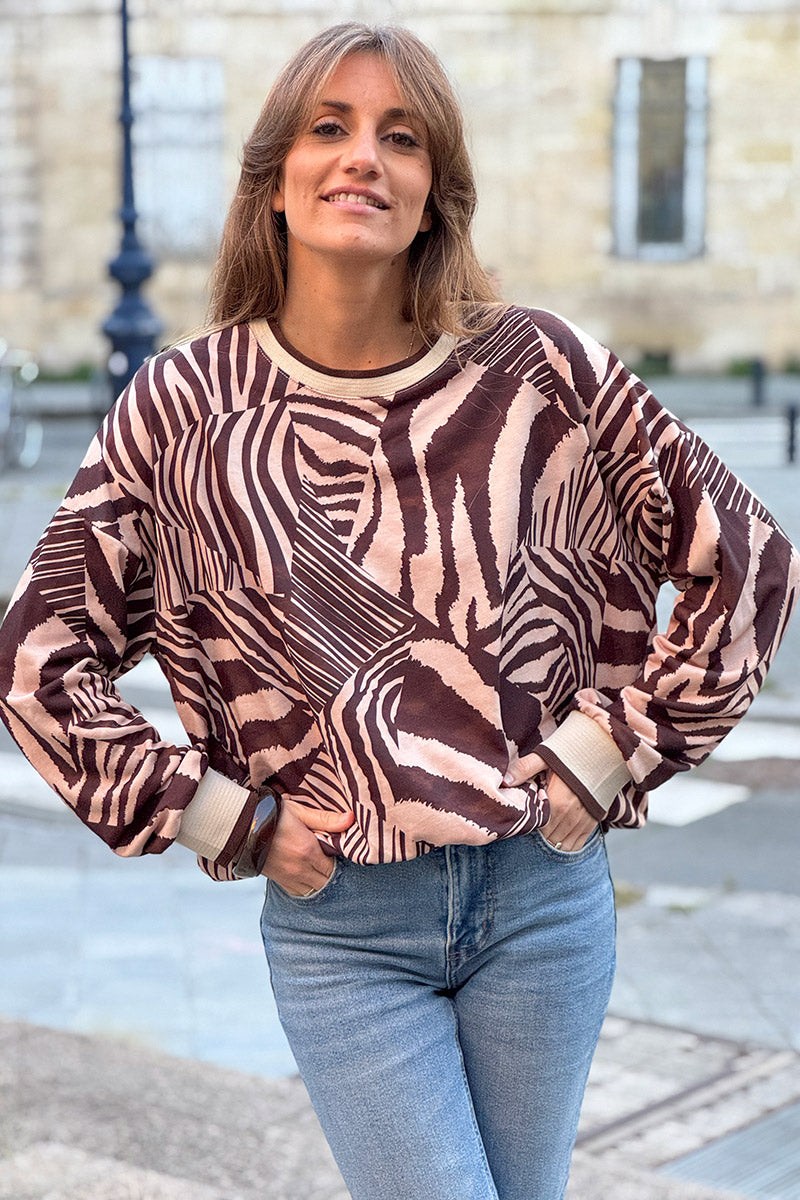 Brown Abstract Zebra Knit Jumper